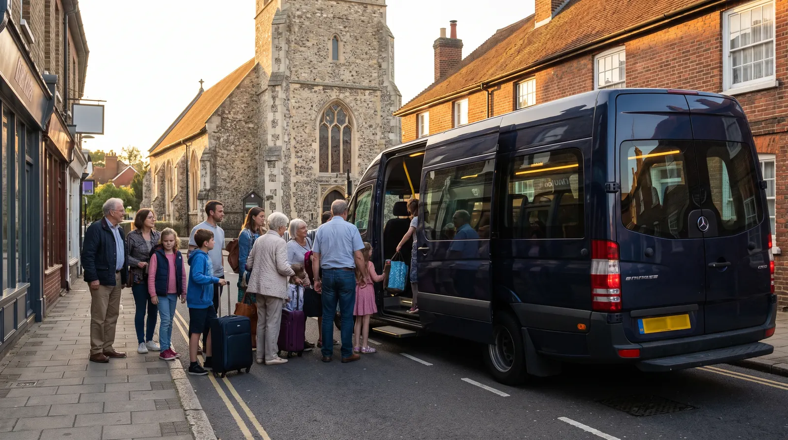 A dark navy 16-seat minibus at the kerb in Walthamstow Village, its passenger door open and interior lit, three generations of one family loading suitcases in low golden late-afternoon sun, brick cottages and the parish church behind them.