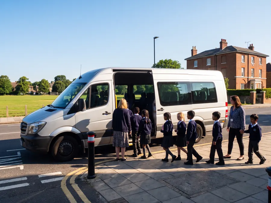 A silver-grey 16-seat minibus at the kerb on the road beside Lloyd Park in bright summer sunshine, its door open, a line of primary school children in uniform boarding while two teachers count them on, open parkland and a Georgian house behind.