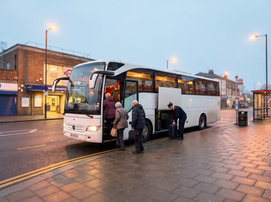 A white touring coach on the forecourt outside Walthamstow Central station at dawn, pale blue light and street lamps still lit, its door open and interior warm, an older tour group boarding unhurriedly while the driver lifts a case into the luggage bay.